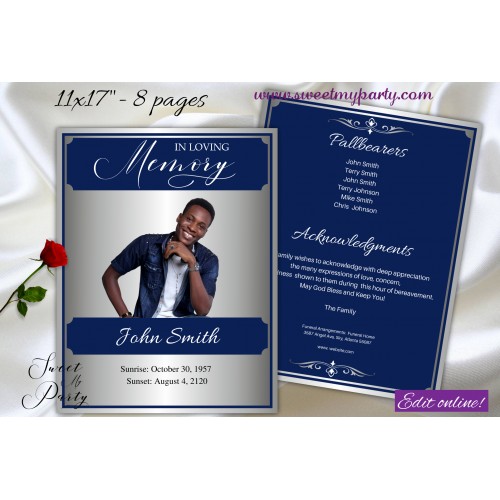 Blue Silver Funeral Program 11x17",Navy Blue Memorial Service Program,(0-027)